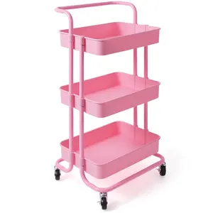  3 Tier Rolling Cart Organizer Pink Storage Utility Cart mit Rädern Küchen wagen mit Griff Metallrahmen mit ABS-Körben