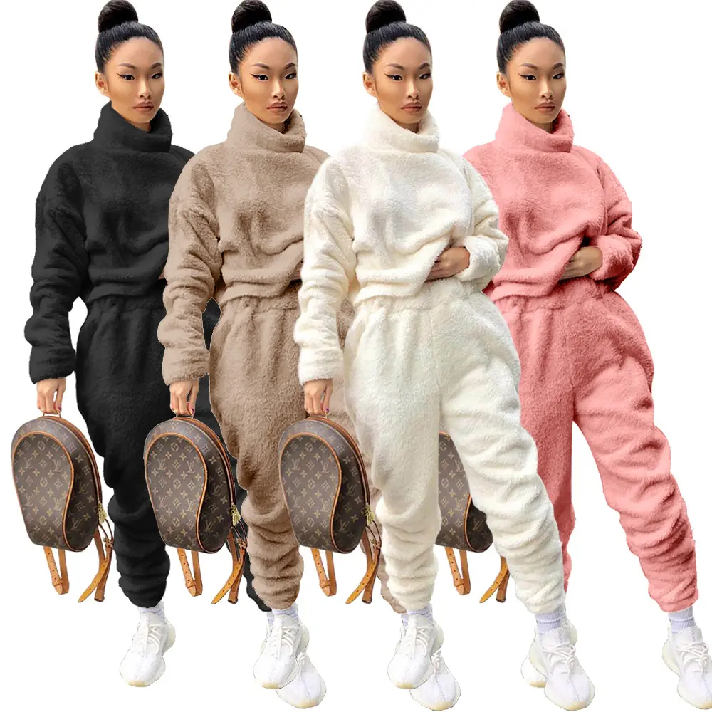 KaiChen Winter Clothes Solid Color Velvet Sweat sets Turtleneck Casual Two Piece Fall Set Women Clothing