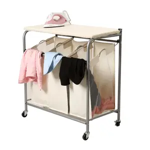 Elegant Rolling Collapsible Laundry Hamper Portable Iron Frame Laundry Sorter with Ironing Board
