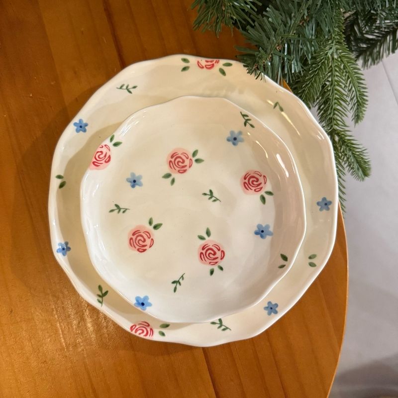 Plato Floral Azul Rosa Roja Plato