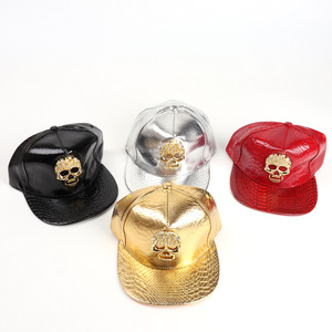 Snapback Cap PU Leather Crocodile Pattern Skull Rhinestone Embellished <b>Flat</b> Brim Hip Hop Baseball <b>Hat</b> For Men - Product Image 2