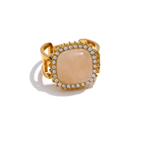 Bague XY 4866 vintage en acier inoxydable, double couche, creuse et massive, avec texture carrée, pierre naturelle et bordure en zircon