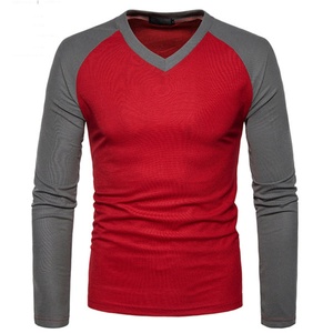 Men's Long Sleeve V-neck T-shirt Raglan Sleeve Slim Fit Knitted Solid Color Casual Wear Light Blue <b>White</b> Splicing Design - Product Image 4
