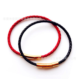 Woven Leather Cord <b>Bracelet</b> 3mm Stainless Steel Snap Clasp <b>Red</b> Black Unisex Jewelry Gift - Product Image 2