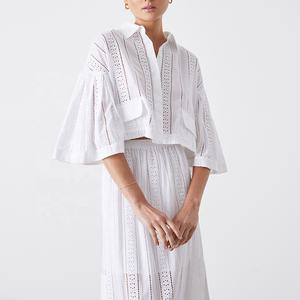 Vêtements en lin deux pièces ensemble jupes femmes <span class=keywords><strong>grande</strong></span> <span class=keywords><strong>taille</strong></span> revers évider Blouses dames costume décontracté respirant demi manches haut court - Product Image 1