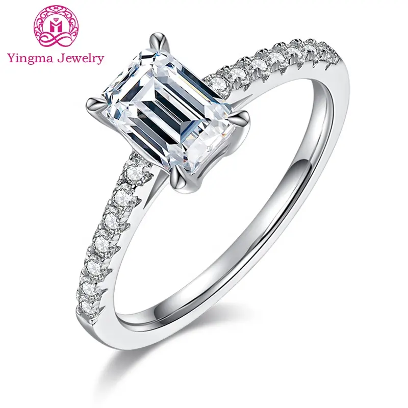 Precio al por mayor anillo de boda de mossanita 1 Ct 5*7mm anillos de lujo para mujer corte esmeralda 925 anillos de moissanita de plata joyería fina