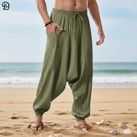 Pantalon Harem Homme Personnalisé en Coton et Lin, Ample, Style Hippie Décontracté, Coupe Ample, Bohème, Yoga, Plage, Entrejambe Bas, Léger, Été