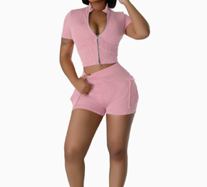 Viviblook Z426ST02 Survêtement Femme Sexy Fashion Zipper Short à manches courtes Top Shorts Ensemble 2 Pièces Costume de Sport Ensemble de Yoga - Product Image 4