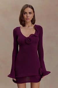 LM R768 <span class=keywords><strong>Abito</strong></span> <span class=keywords><strong>Mini</strong></span> in Maglia <span class=keywords><strong>Viola</strong></span> con Scollo a V, Decorazioni Floreali e Orlo Arricciato a Maniche Lunghe - Product Image 5