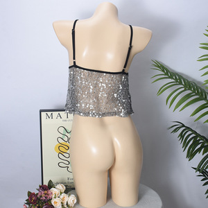 Spot New <b>Sequined</b> See-Through V-Neck Spaghetti Straps Sexy <b>Top</b> for Women Fashion - Product Image 6