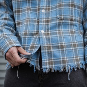 Plaid <strong>Shirt</strong> Men <strong>Women</strong> Long Sleeve Button up <strong>Flannel</strong> Checked Blue Grey Casual Oversized Drop Shoulder Grunge - Product Image 3