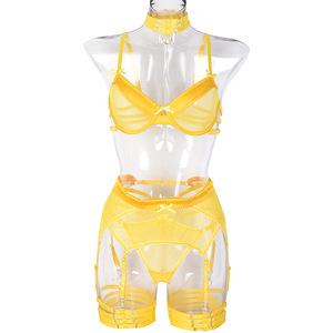 Ensemble de lingerie jaune pour femme, style fantasme sensuel, en maille transparente ajourée, exotique et sexy, avec porte-jarretelles, gaines et demi-chemises - Product Image 5