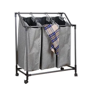 3 Bagian Laundry Hamper Lipat Keranjang Cucian dengan Roda Pakaian Kotor Tas untuk Kamar Mandi Kamar Tidur Rumah Laundry Penyortir