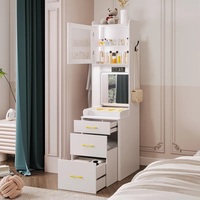 Commode vanité pliante blanche antique avec table de maquillage rabattable Tiroirs à miroir led et porte en verre Ensemble de maquillage pliable
