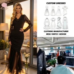 Robe sirène asymétrique élégante pour femme, col en V noir, manches longues, taille ajustée, froncée, avec dentelle, pour soirée, coupe fluide - Product Image 1