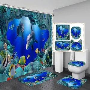 3D Ocean Design Dolphin Vải Không Thấm Nước Rèm Phòng Tắm Rèm Tắm Đặt Thảm Chống Trượt Nhà Vệ Sinh Nắp Đậy Thảm Tắm/