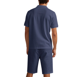 Soldes d'été : Ensemble décontracté en lin pour <span class=keywords><strong>homme</strong></span> - Chemise à manches courtes et short à taille élastique longueur genou, respirant et confortable - Product Image 5