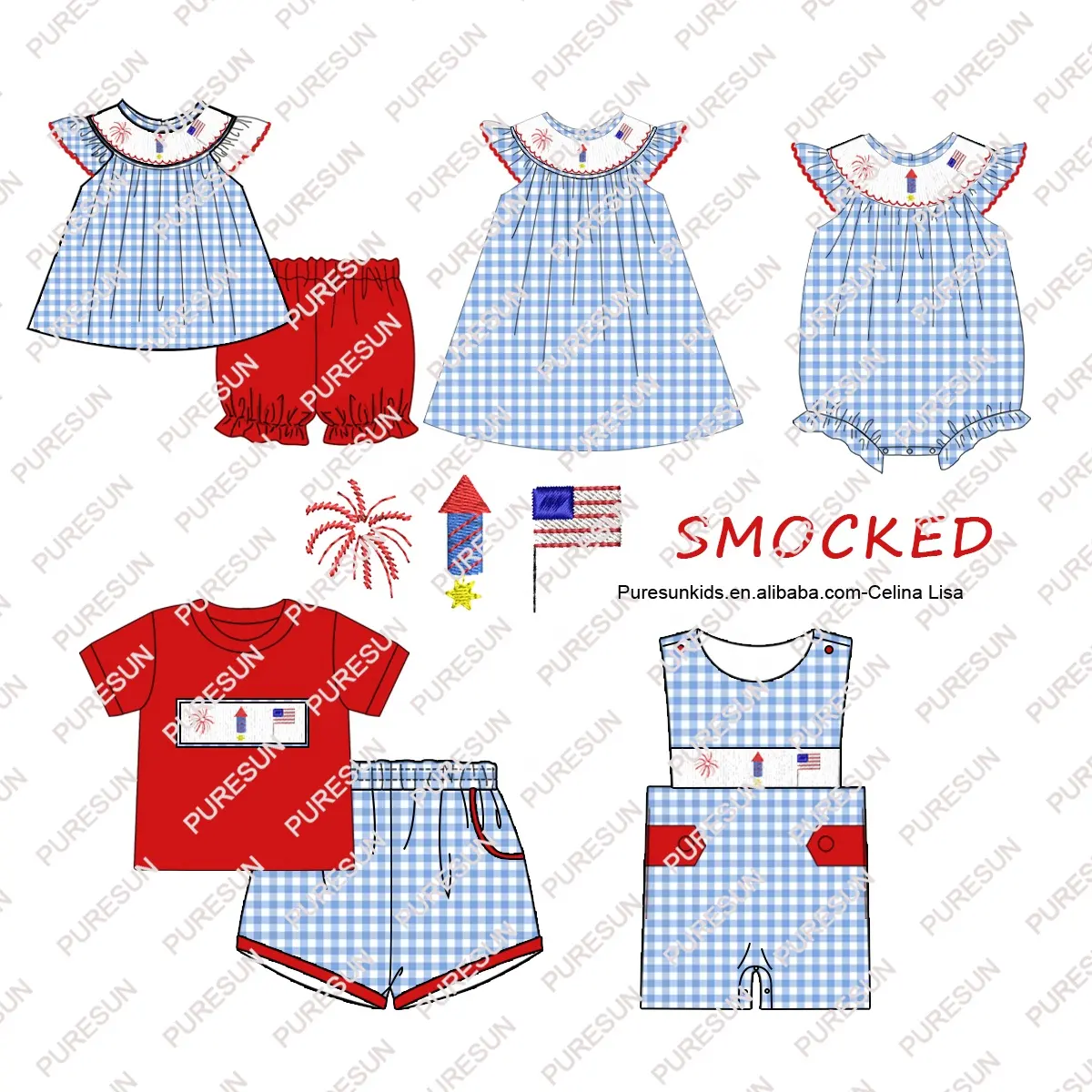 प्योरसन कस्टम बच्चों के कपड़े 4 जुलाई स्मोक्ड बेबी गर्ल रोम्पर ध्वज कढ़ाई बिशप लड़कियों के ग्रीष्मकालीन कपड़े