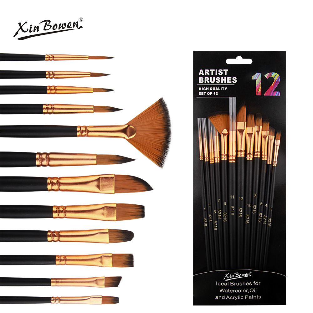 Xin Bowen sells 12PCS set paintbrushes colorful handle nylon hair art brushes birch rod multi watercolor oil and acrylic brush