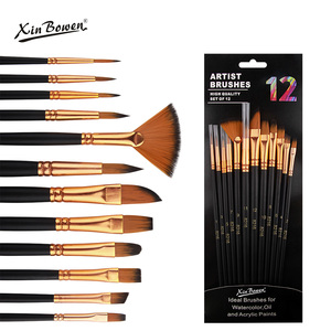 Xin Bowen Vend un Set de 12 Pinceaux <span class=keywords><strong>d</strong></span>'Art Poils en Nylon Manche Coloré Tige en Bouleau pour <span class=keywords><strong>Aquarelle</strong></span>, Huile et Acrylique - Product Image 1