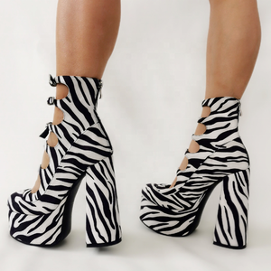 Botines de tacón grueso con plataforma alta y diseño hueco de hebilla a la moda para mujer y niña, con cremallera trasera, talla grande 47 - Product Image 5