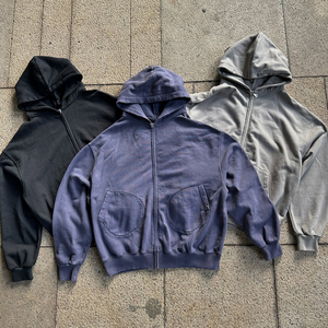 เสื้อฮู้ดซิปทรงบ็อกซี่ผ้าเฟรนช์เทอร์รี่เนื้อหนักแบบดิสเทรส ปรับแต่งได้ตามต้องการจากผู้ผลิต สำหรับผู้ชาย ผ้าฝ้าย 100% ลายเรียบ สปริง - Product Image 1