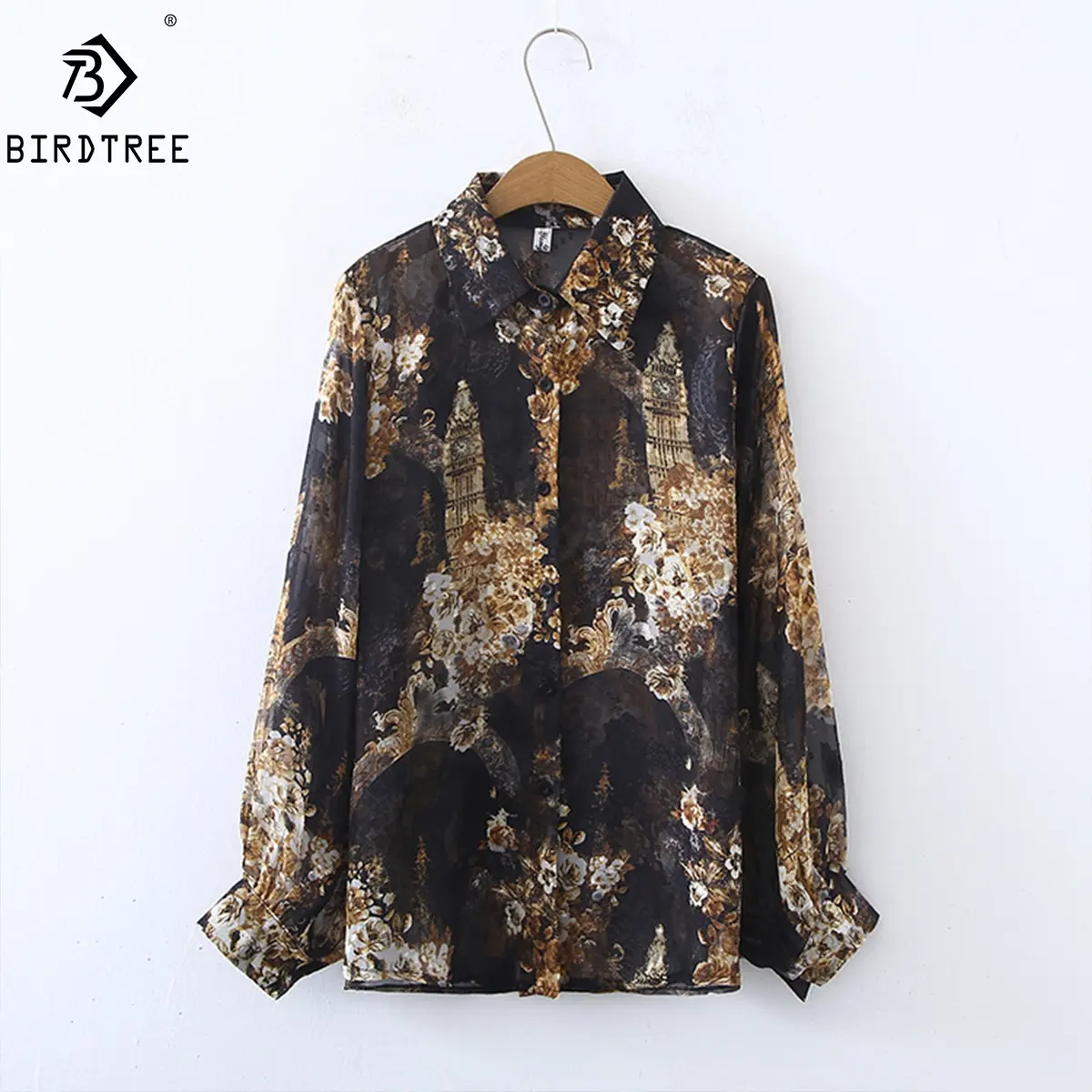 Dropshipping Vrouwen Shirts Lente Nieuwe Vrouwen Losse Blad Print Turn-Down Kraag Herfst Mode Werkkleding Blouses Tops T25310x