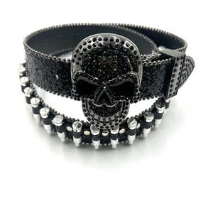 Ceinture en cuir PU scintillant de style occidental de balle avec boucle en alliage de tête de mort et ceinture en métal chic en strass - Product Image 1