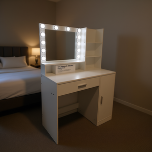 Coiffeuse avec miroir LED et meuble de rangement pour chambre à coucher, design moderne, construction en panneaux de bois - Product Image 2