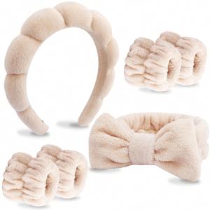Ensemble de bandeaux en polaire corail effet nuage avec nœud et bracelet, bandeau à couronne haute pour le lavage du visage, le maquillage, le spa, les mariages et comme cadeau pour demoiselles d'honneur - Product Image 1