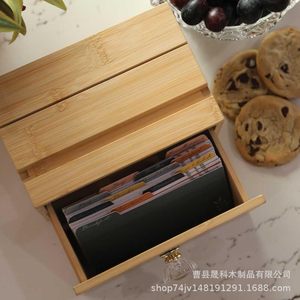 Bamboo Recipe <b>Box</b> With Drawer <b>Storage</b> For <b>Kitchen</b> Desktop Organizing Cards And Small Items - Product Image 3