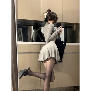 High Neck Long Sleeve Dress Tight Waist Pleated Skirt Solid Color Casual Daily Wear Gray Black Women's Autumn Winter Style - Product Image 2