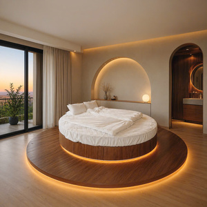Meubles de chambre à coucher, assemblage facile, lit plateforme rond de luxe de haute qualité avec éclairage LED, placage en noyer, MDF, hôtel, villa - Product Image 2