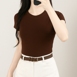 OEM soutien été col rond femmes t-shirt doux coton Jersey tissu décontracté haute Stretch à manches courtes vêtements en gros - Product Image 5