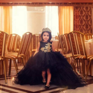 Luxury High Low <strong>Gold</strong> Lace Appliques Balck Tulle <strong>Flower</strong> <strong>Girls</strong>' <strong>Dresses</strong> - Product Image 1