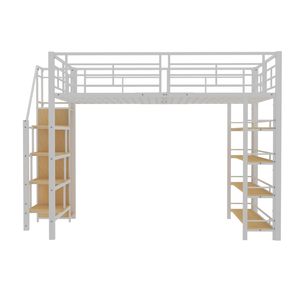<span class=keywords><strong>Lit</strong></span> <span class=keywords><strong>mezzanine</strong></span> moderne DNF pour enfants 140x200cm, taille Twin XL, structure métallique, escalier de sécurité, tiroirs de rangement, placard, blanc - Product Image 5
