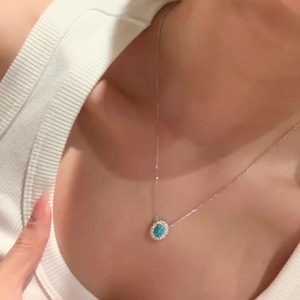 Ensemble collier et boucles d'oreilles en argent pur S925, luxe haut de gamme, rétro, pour femmes, ovale léger, turquoise, zircon brossé, perle, noble, élégant - Product Image 3