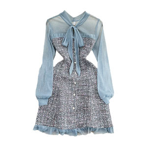 Autunno piccola fragranza temperamento cravatta a farfalla <span class=keywords><strong>Tweed</strong></span> abito reticolo - Product Image 6