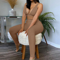 Combinaison côtelée unie de luxe grande taille pour femmes, dos nu, soutien-gorge de sport à décolleté profond, débardeur et pantalon, ensemble 2 pièces, vêtements de sport
