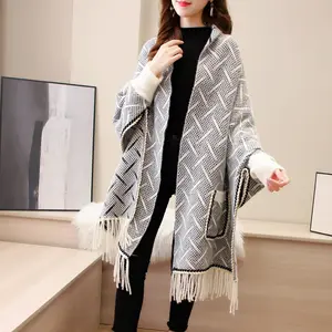 Новый дизайн, Модное пончо с кисточками для женщин, зимний пашминовый шерстяной смеси, полосатый тканый рукав, теплый шарф, шаль