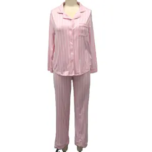优质女性粉色条纹睡衣秋季促销女士针织睡衣软棉春季家居服