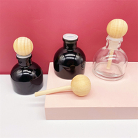 Flacon avec bougie en verre, diffuseur d'aromathérapie, de couleur noire transparente, forme ronde, avec bâton en bois, 50ml, 50 pièces