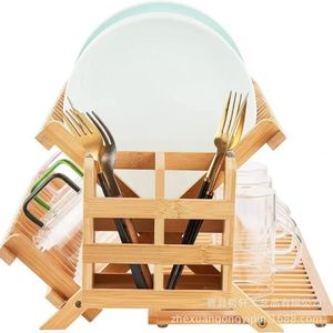 Bamboo Double Layer Dish <b>Rack</b> With Chopstick Holder Quick Dry Kitchen Drainer For <b>Plates</b> Cups Utensils - Product Image 1
