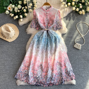 <span class=keywords><strong>Robe</strong></span> <span class=keywords><strong>longue</strong></span> élégante à col montant imprimé floral en dentelle, style vintage rétro français, pour femme, avec fente et taille ajustée - Product Image 5