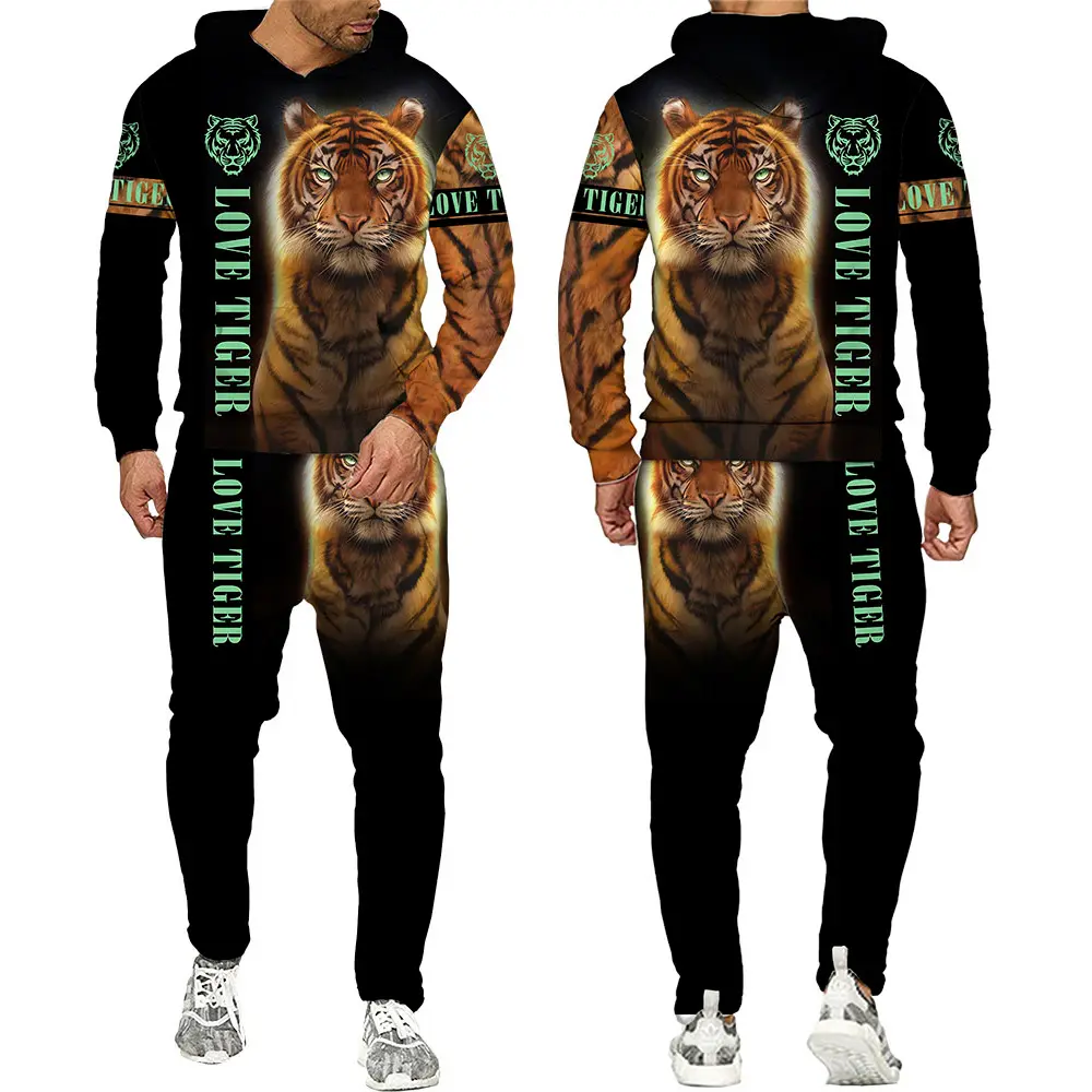 Custom Logo Anime Hoodies Jogger Sets Highend Luxurious Tiger Animal Print Men's 3D Sweatpants And Hoodie Set