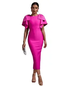 पार्टी क्लबवियर छोटी आस्तीन गुलाबी बैंडेज बॉडी ड्रेस वेस्टिडो मनके कपड़े बड़े धनुष के साथ लक्जरी ग्रीष्मकालीन सुरुचिपूर्ण आरामदायक कपड़े