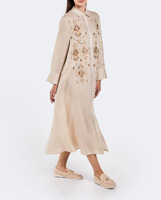 Dernière mode Robe chemise en lin et coton naturel brodée de paillettes Robe longue à manches longues boutonnée avec broderie ornée