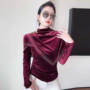Nouveau haut à manches longues en velours doré pour <span class=keywords><strong>femme</strong></span>, style étranger, avec strass thermocollés, idéal pour l'automne et l'hiver - Product Image 3