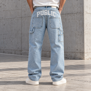 Clothing Manufacturer Custom Acid Wash Carpenter <b>Baggy</b> Jeans <b>Trousers</b> Street Wide Leg Printing Denim Pants With Side Tool Pocket - Product Image 3