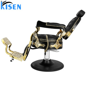 KISEN Black Faux Leather belmont Barber <b>Chair</b> with Gold Frame <b>Reclining</b> Adjustable Footrest Round Base Hydraulic Pump - Product Image 2
